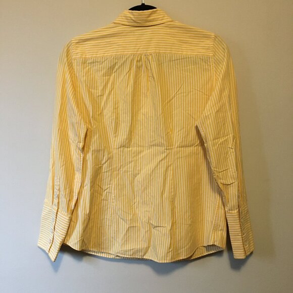 Lands' End Yellow & White Pinstripe Ruffle Trim Button Down Shirt - Picture 3 of 16